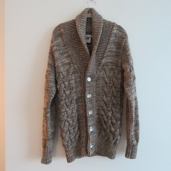 S.N.S. HERNING 100% Wool Shawl Collar Chunky Knit Fisherman Cardigan Men's Sz S - Picture 3 of 16